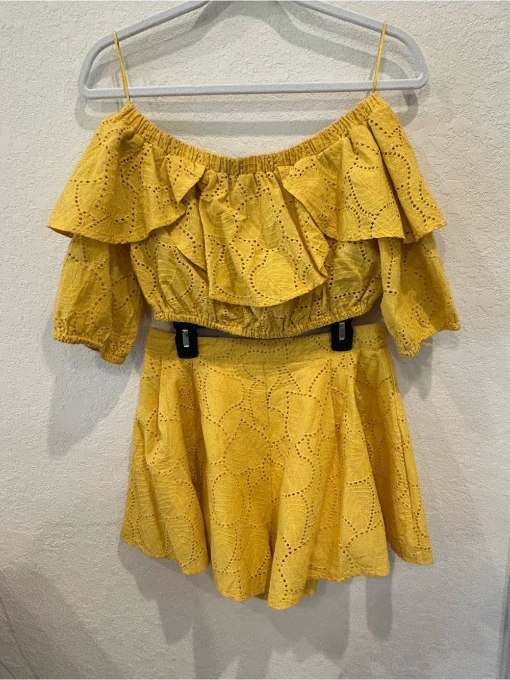 L'ATISTE Mustard Yellow Eyelet Lace Off-Shoulder Shorts Set